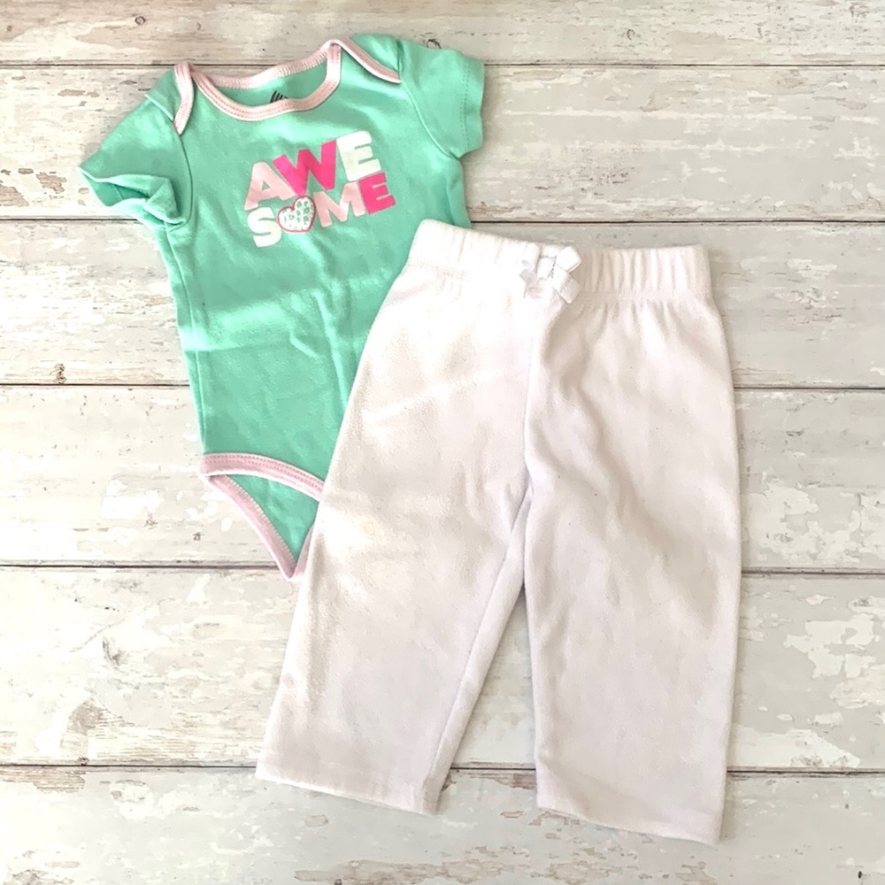 Baby Girl 6-9m Outfit Fleece White Pants Sweatpants & Teal Pink Bodysuit 6m 9m